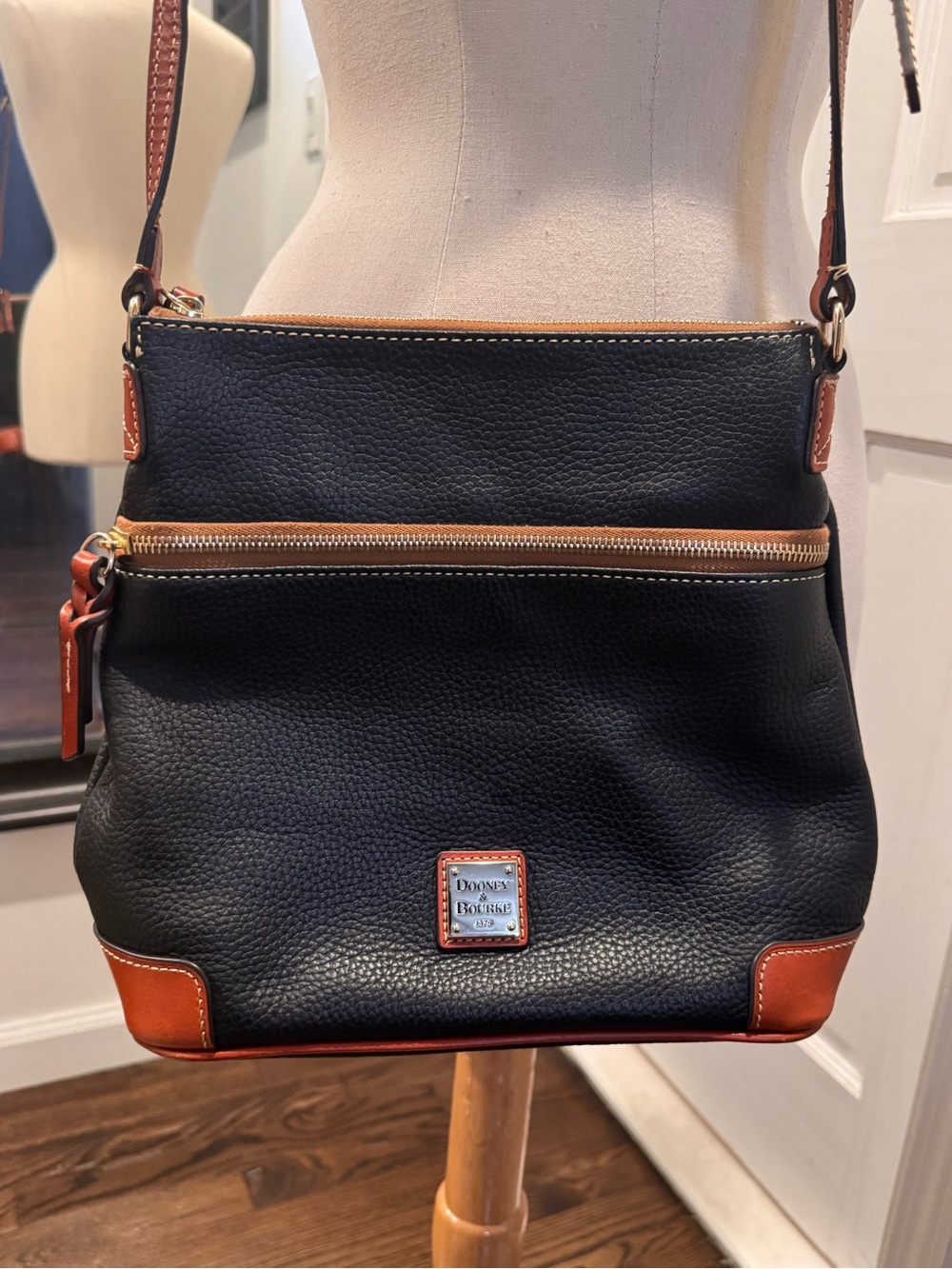 Dooney & Bourke Black Pebbled Leather Crossbody with Brown Trim